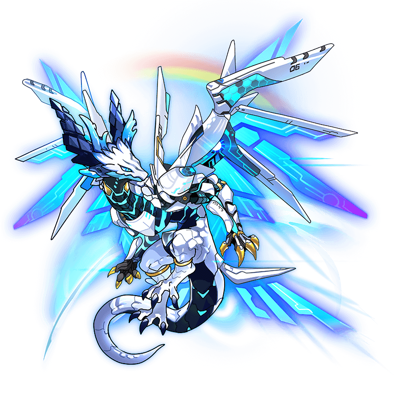 blue_eyes, cyborg, dragon, dragon_village_(series), game_cg, mechanical_wings, no_humans, official_art, rainbow, shockwave_(azure's_blue_sky)_(dragon_village), shockwave_(dragon_village), third-party_source, transparent_background, wings