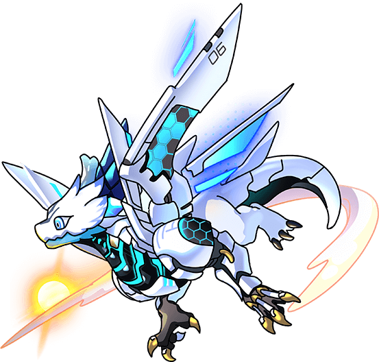 blue_eyes, cyborg, dragon, dragon_village_(series), flying, game_cg, mechanical_wings, no_humans, official_art, shockwave_(azure's_blue_sky)_(dragon_village), shockwave_(dragon_village), sun, third-party_source, transparent_background, wings