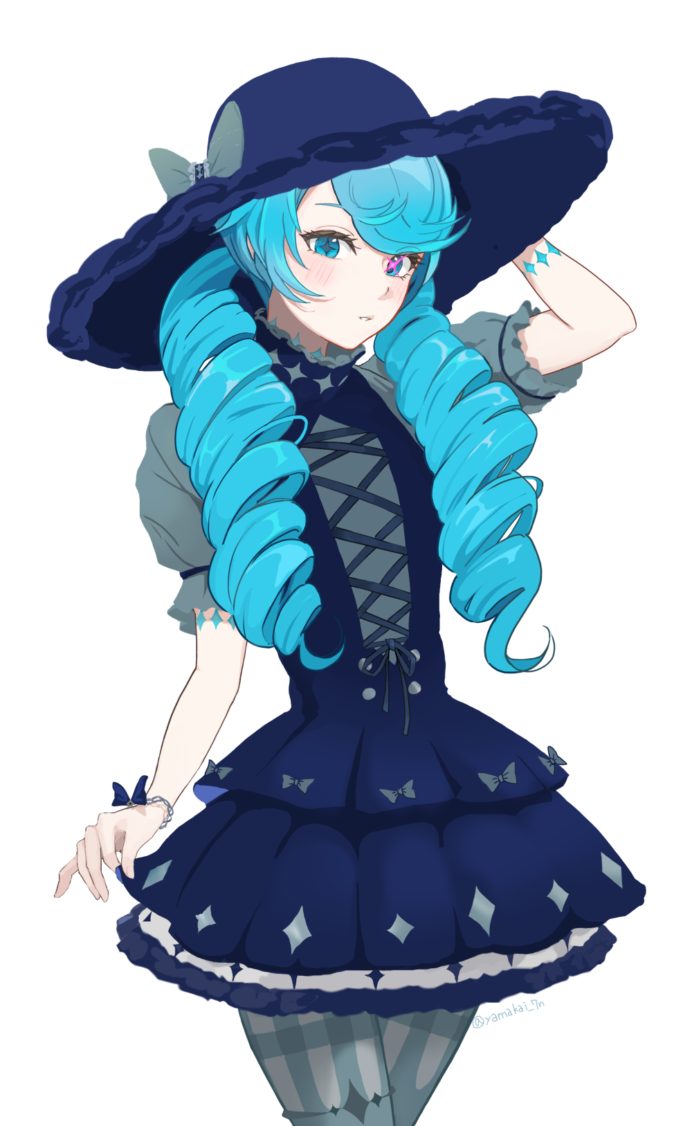 1girl, alternate_costume, black_hat, blue_dress, blush, bow, cowboy_shot, dress
