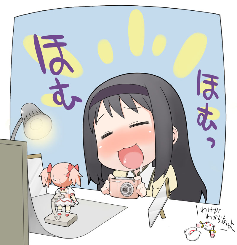 10s, 1girl, :3, :d, =_=, akemi_homura, blush, bow, camera, choker, decapitation, desk, drooling, female_focus, figure, frills, gloves, hair_ornament, hair_ribbon, hairband, homu, kaname_madoka, kaname_madoka_(magical_girl), kyubey, lamp, light_bulb, magical_girl, mahou_shoujo_madoka_magica, mahou_shoujo_madoka_magica_(anime), mirror, nendoroid, open_mouth, paper, ribbon, ribbon_choker, short_twintails, simple_background, skirt, smile, socks, solo, sweatdrop, teruya_kazuhito, translated, twintails