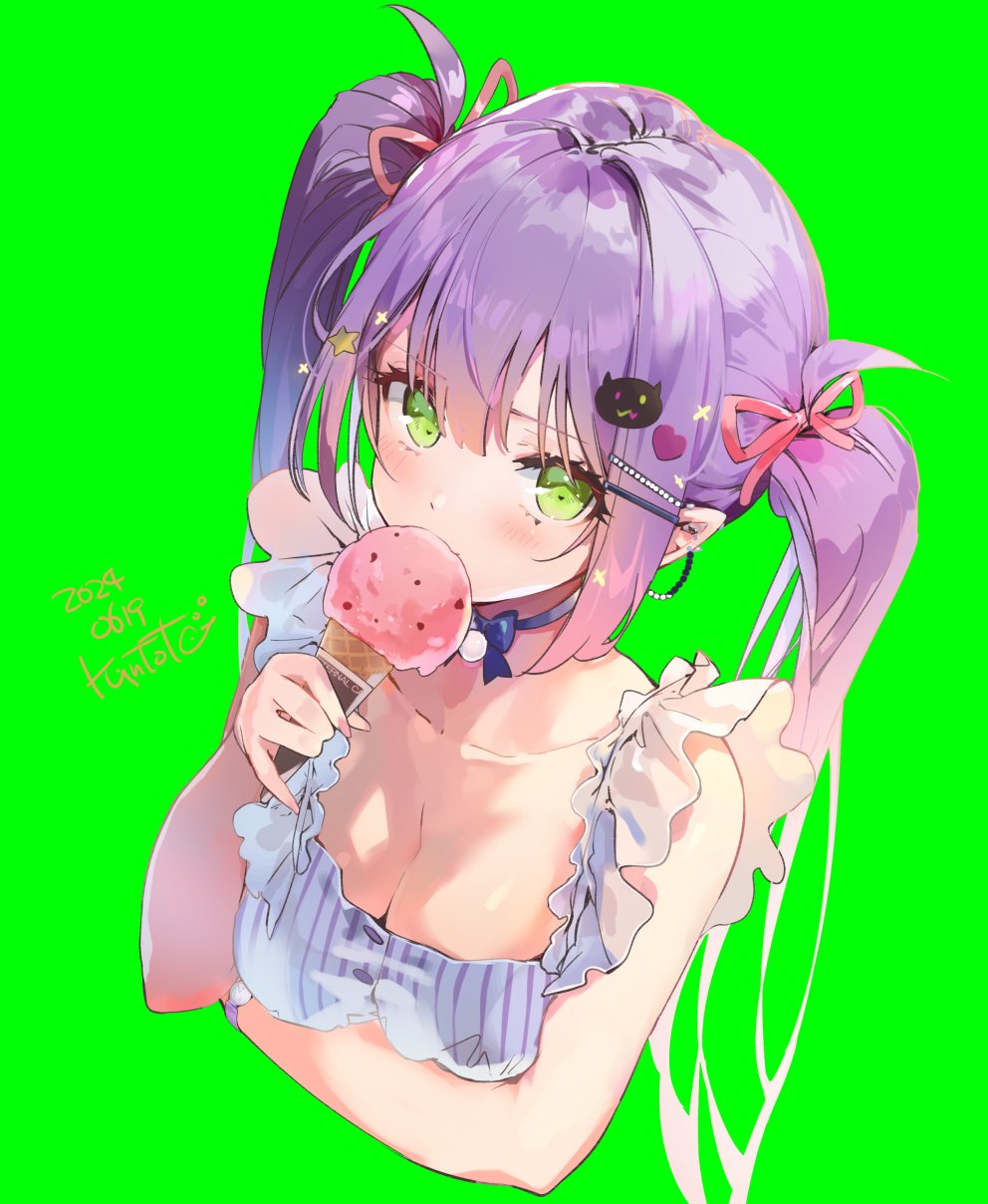 1girl, alternate_costume, arm_under_breasts, bibi_(tokoyami_towa), blue_choker, blush, bow, bow_choker