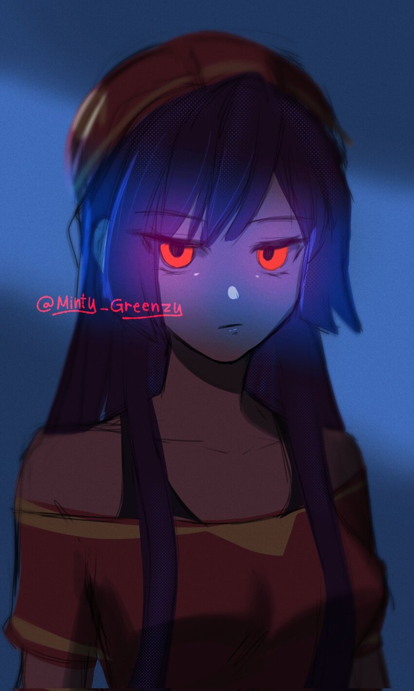 1girl, blue_background, blue_hair, closed_mouth, clothing_request, collarbone, commentary, commentary_request