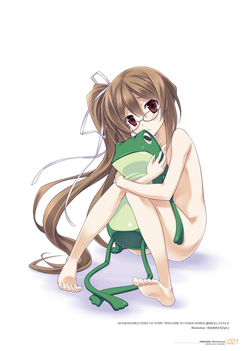 1girl, barefoot, blush, brown_eyes, brown_hair, chaos;child, convenient_censoring, copyright_name, frog, full_body, gero-froggy, glasses, hair_between_eyes, hair_ribbon, head_tilt, highres, long_hair, looking_at_viewer, matsuo_yukihiro, nude, one_side_up, page_number, ribbon, science_adventure, side_ponytail, simple_background, sitting, soles, solo, toes, very_long_hair, white_background, white_ribbon, yamazoe_uki