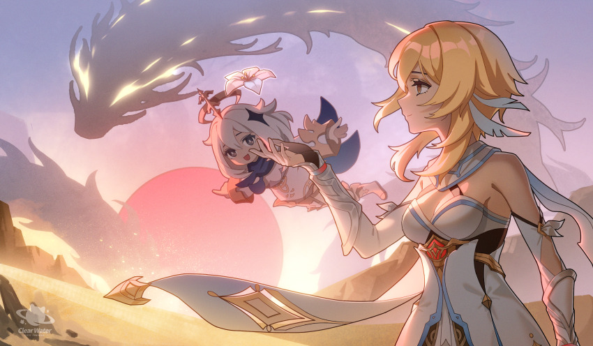 2girls, apep_(genshin_impact), blonde_hair, clear_water, desert, dress, eyed_silhouette, feather_hair_ornament