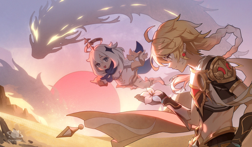 1boy, aether_(genshin_impact), ahoge, apep_(genshin_impact), black_scarf, blonde_hair, braid, clear_water