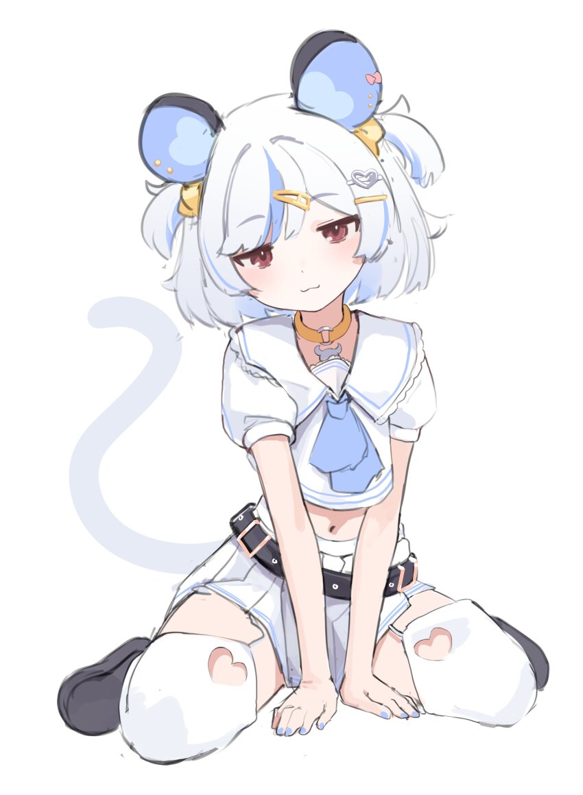 1girl, :3, absurdres, animal_ear_piercing, animal_ears, arm_support, belt, belt_buckle