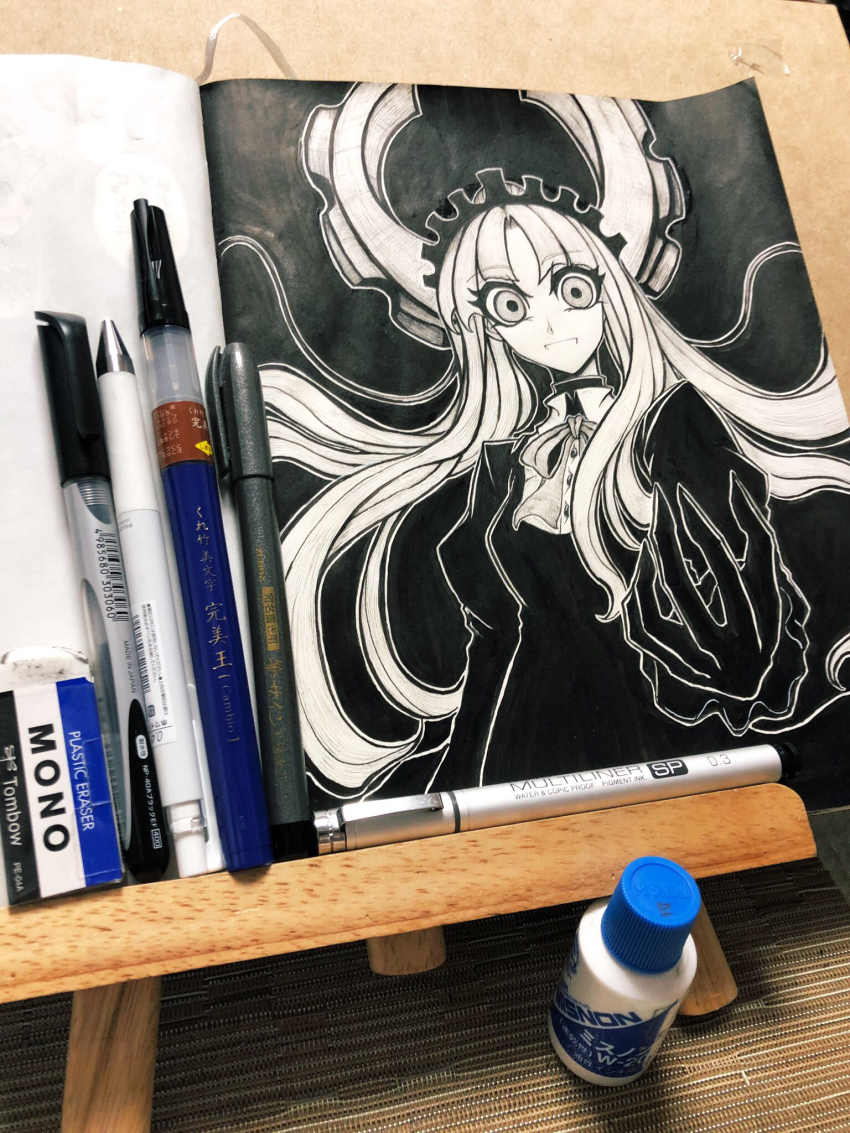 1girl, art_tools_in_frame, commentary_request, deus_ex_maki-chan, dress, floating_hair, greyscale, highres