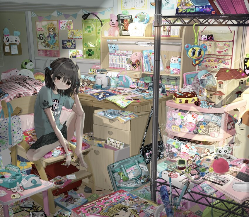 1girl, absurdly_detailed_composition, afro_ken, angel_blue, animal_crossing, backpack, bag, bandai, barefoot, bead_bracelet, beads, bed, bedroom, berry_(oshare_majo_love_and_berry), black_hair, blue_shirt, book, bracelet, cameo, cellphone, cellphone_charm, character_charm, character_request, charm_(object), charmmy_kitty, child, commentary_request, copyright_request, denim, denim_skirt, desk, dia_(shugo_chara!), doll_house, fake_eyelashes, flip_phone, game_cartridge, gen_4_pokemon, girls_mode, hair_bobbles, hair_ornament, hamtaro, hamtaro_(series), handheld_game_console, hat, heisei, heisei_retro, hello_kitty, hello_kitty_(character), highres, hinamori_amu, idog, idog_(brand), indoors, jewelry, jojifuku, kirarin_revolution, koisuru_purin!, kuchipatchi, legendary_pokemon, loaded_interior, love_(oshare_majo_love_and_berry), magazine_(object), mamegoma_(san-x), mametchi, manga_(object), memetchi, merchandise, messy_room, mezzo_piano, miki_(shugo_chara!), momo_(postpet), na-san, nakamura-kun_(angel_blue), nintendo, nintendo_ds, nintendo_ds_lite, nintendogs, non-humanoid_robot, ochaken, original, oshare_majo_love_and_berry, otaku_room, palkia, phone, pokemon, pokemon_diamond/pearl/platinum, poster_(object), postpet, precure, q-lia, ran_(shugo_chara!), rhythm_tengoku, ribbon_(hamtaro), robot, robot_animal, robot_dog, ryoku_(ochaken), san-x, sanrio, sega, shinanashina, shirogoma, shirousa_(sugarbunnies), shirt, short_hair, shugo_chara!, sitting, skirt, solo, stationery, stuffed_toy, sugarbunnies, suu_(shugo_chara!), sylvanian_families, tamagotchi, tamagotchi_(virtual_pet), tamagotchi_no_puchi_puchi_omisetchi, tamagotchi_plus, toy, tsukishima_kirari, unworn_bracelet, unworn_hat, unworn_headwear, usahana, virtual_pet_(toy), wagamama_fashion_girls_mode, wan_wan_wanco