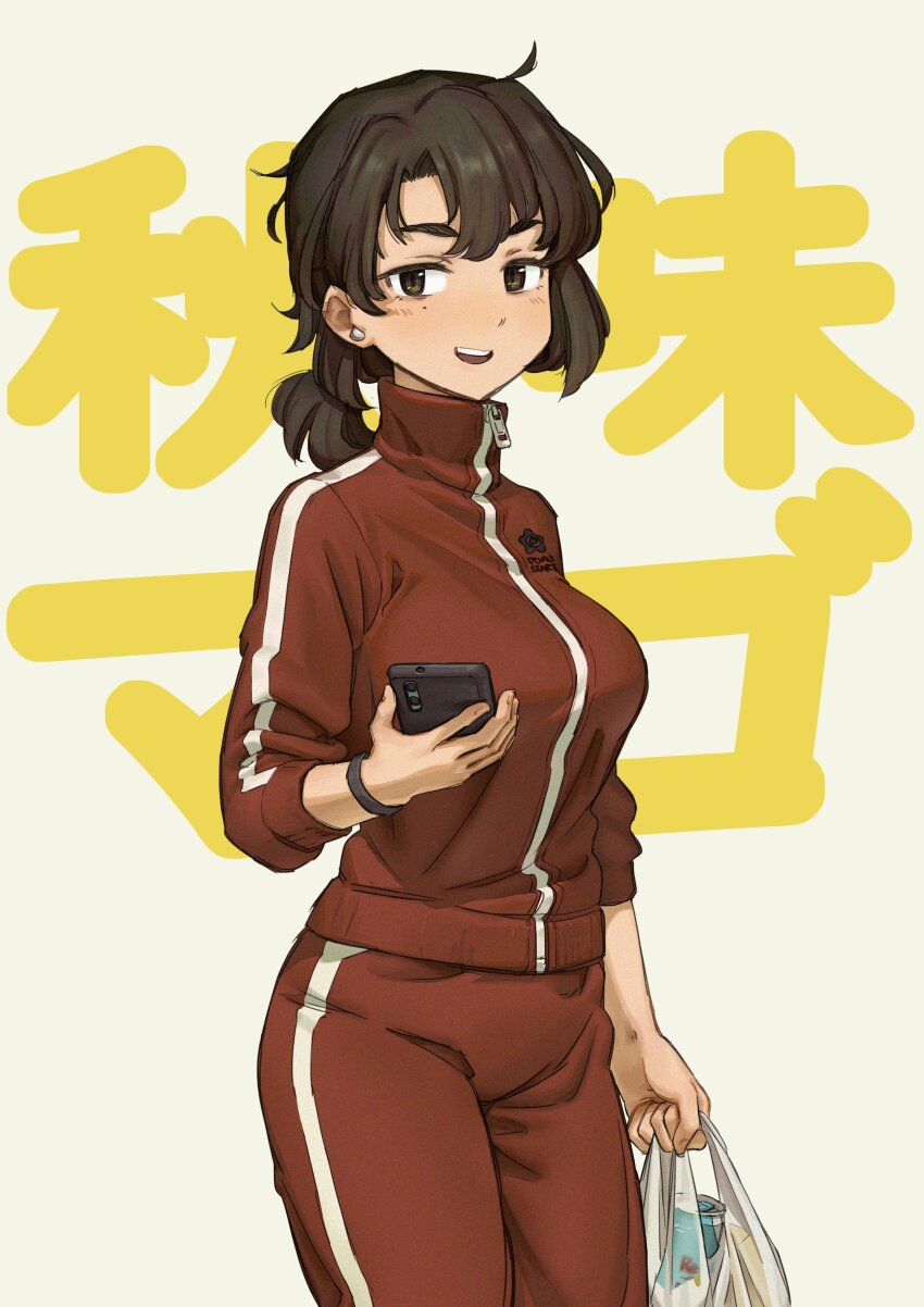 1girl, absurdres, akiaji_margo_(character), bag, blush, breasts, brown_eyes, brown_hair