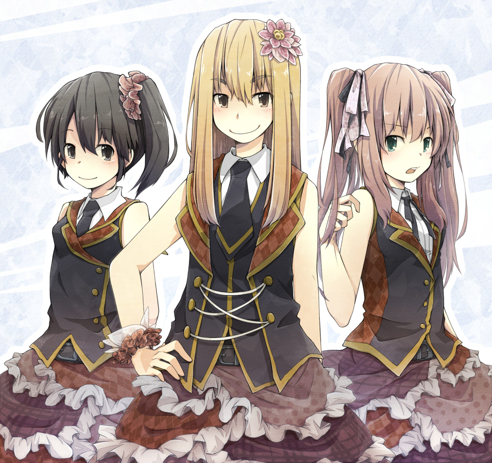 1boy, 2girls, akb49_ren'ai_kinshi_jourei, bare_shoulders, belt, black_hair, black_necktie, black_ribbon