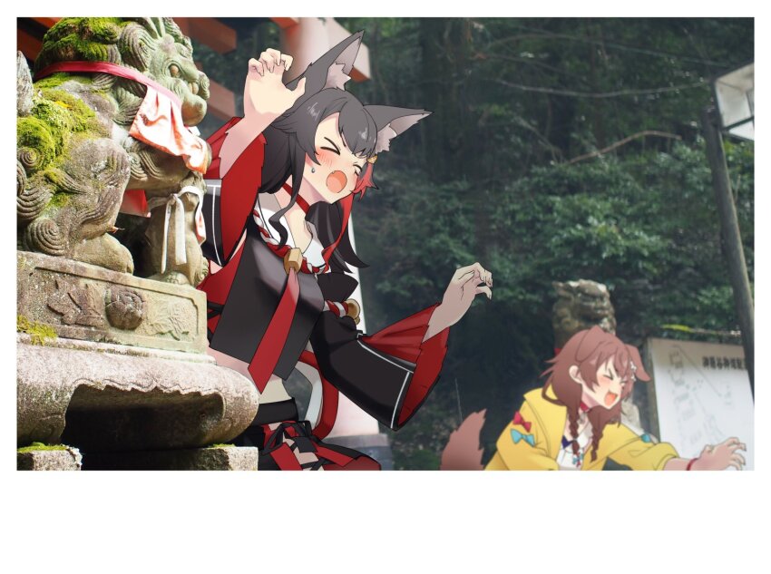 >_<, animal_ear_fluff, animal_ears, black_hair, black_shirt, black_sleeves, blush, border