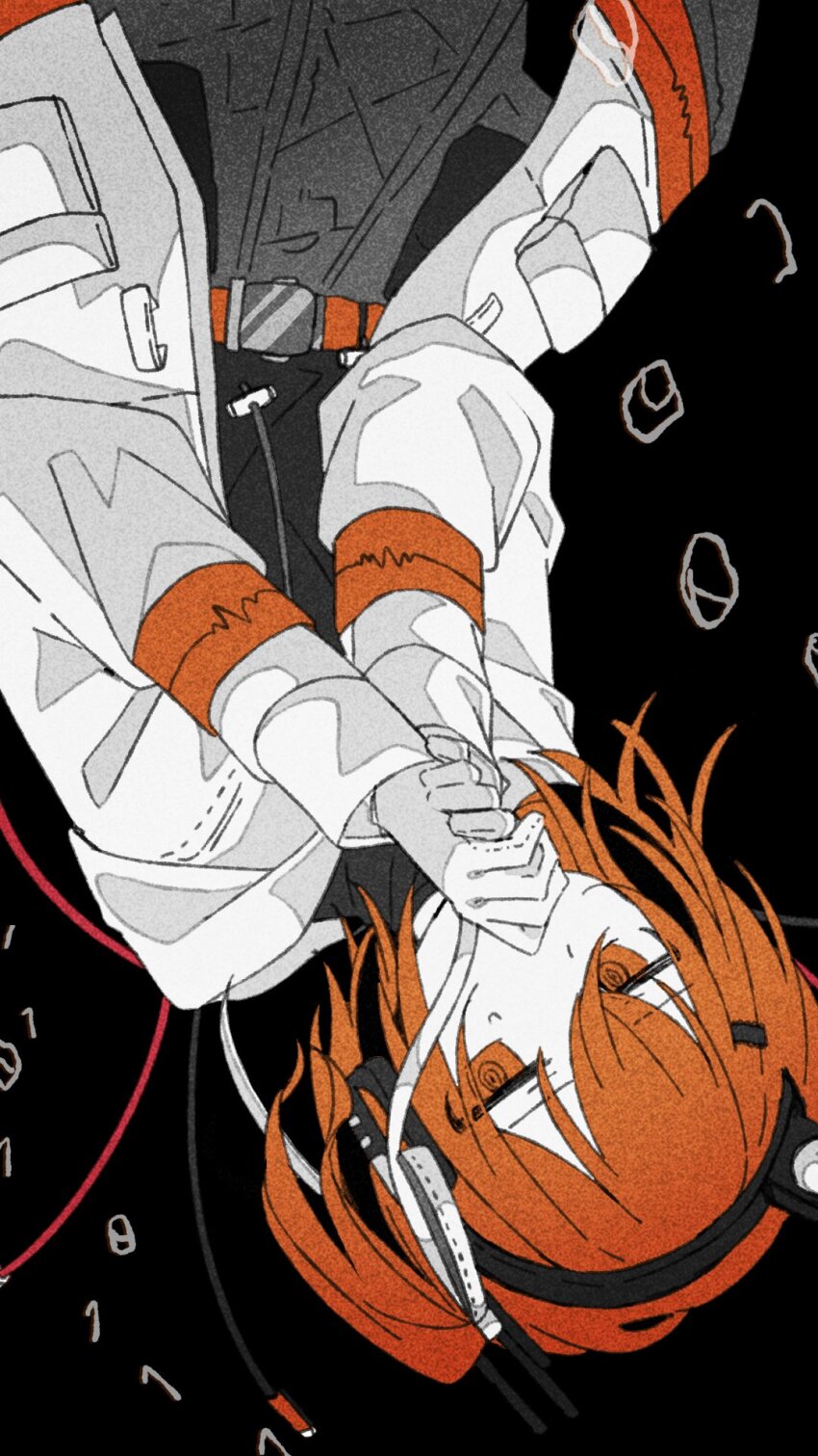 1girl, a.i._voice, adachi_rei, arusechika, belt, black_background, black_shirt, film_grain, flat_chest, gloves, grey_skirt, hair_between_eyes, hair_ribbon, hands_up, headlamp, headphones, heavy_film_grain, highres, jacket, long_sleeves, looking_at_viewer, orange_belt, orange_eyes, orange_hair, radio_antenna, ribbon, shirt, side_ponytail, simple_background, skirt, solo, sweatdrop, upside-down, utau, white_gloves, white_jacket, white_ribbon