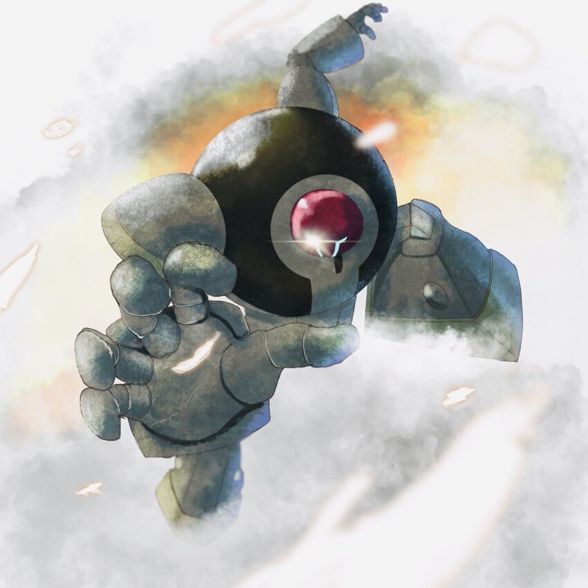 1boy, blue_eyes, blurry, blurry_foreground, duel_monster, elemental_hero_clayman, full_body, glint