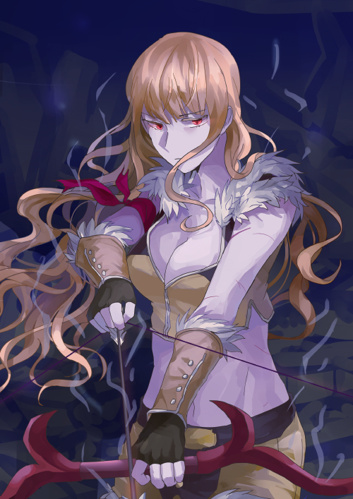 1girl, armband, arrow_(projectile), aura, bio_lab, blonde_hair, bow_(weapon), breasts