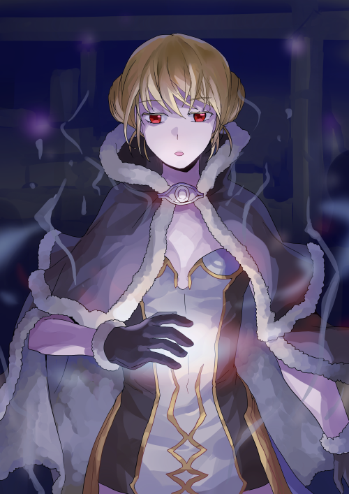 1girl, aura, bio_lab, blonde_hair, breasts, brown_cape, brown_dress, brown_gloves