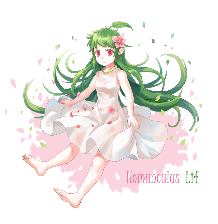 1girl, barefoot, breasts, character_name, commentary, dillsien, dress, expressionless