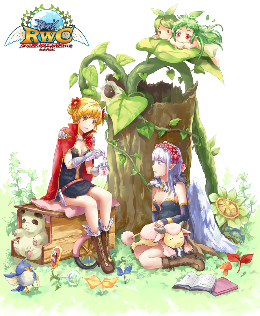 2012, 4girls, alchemist_(ragnarok_online), amistr_(ragnarok_online), bird, black_dress, blonde_hair, blue_bird