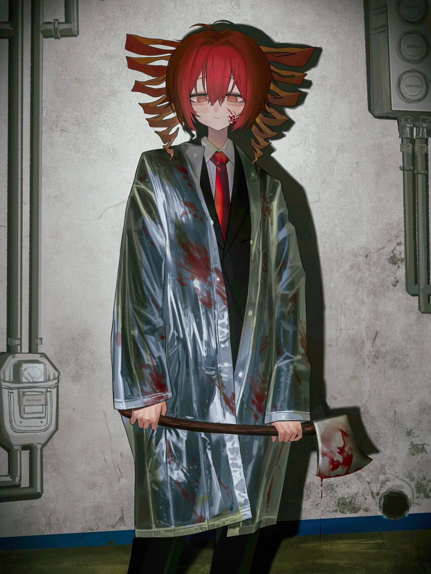 1girl, alternate_costume, american_psycho, antenna_hair, axe, black_jacket, black_suit, blood