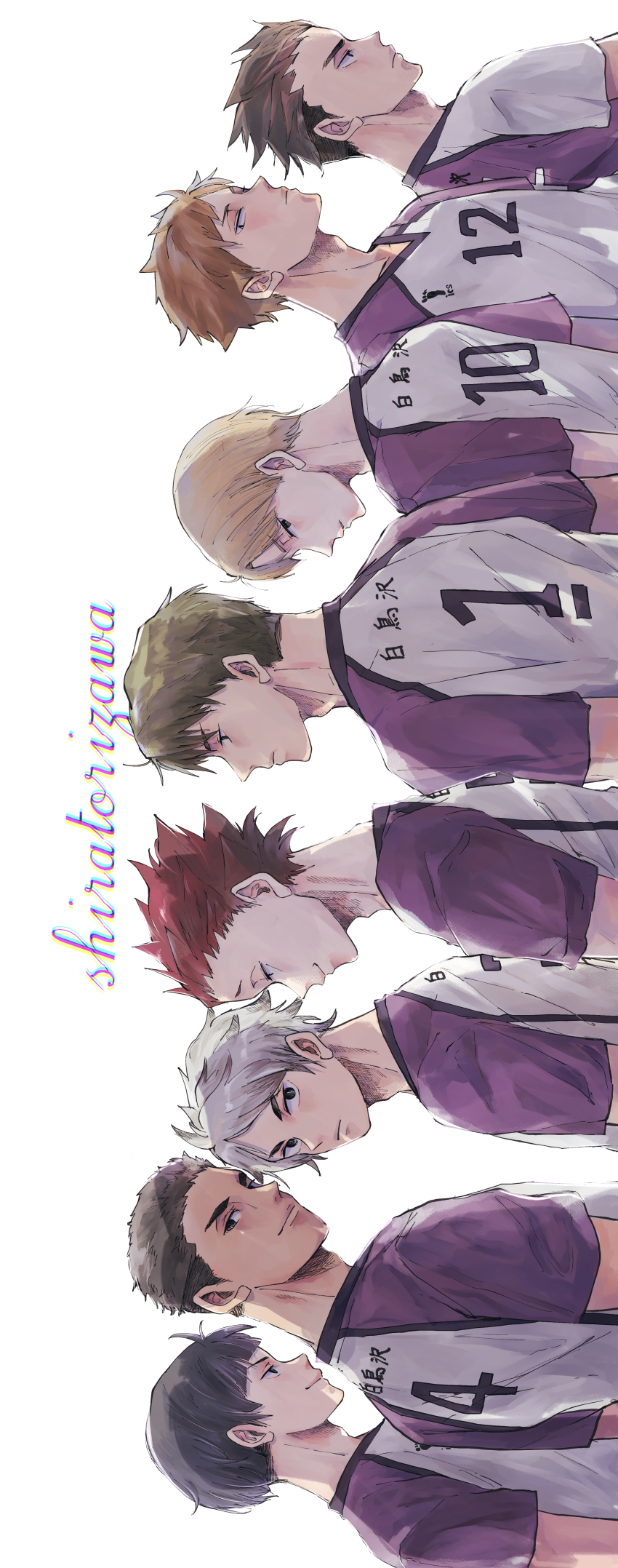 6+boys, absurdres, back, black_eyes, black_hair, blonde_hair, brown_hair, closed_mouth