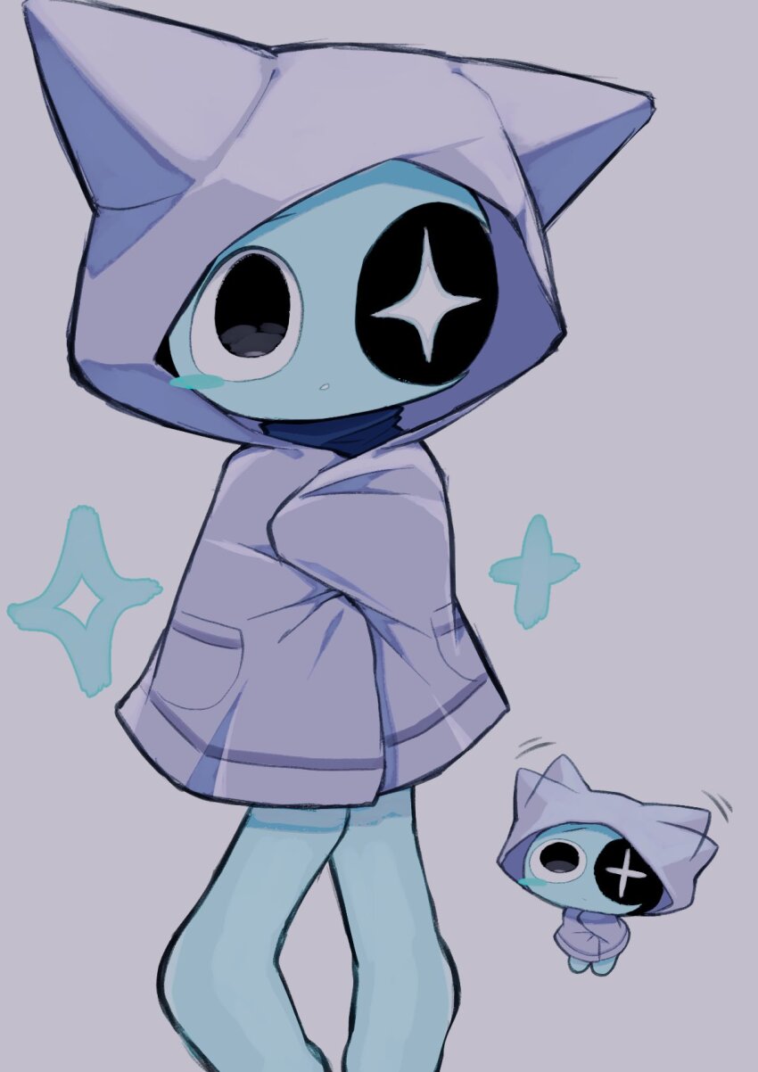 animal_ear_hood, astro_(dandy's_world), black_eyes, blue_skin, blush, blush_stickers, chibi, chibi_inset