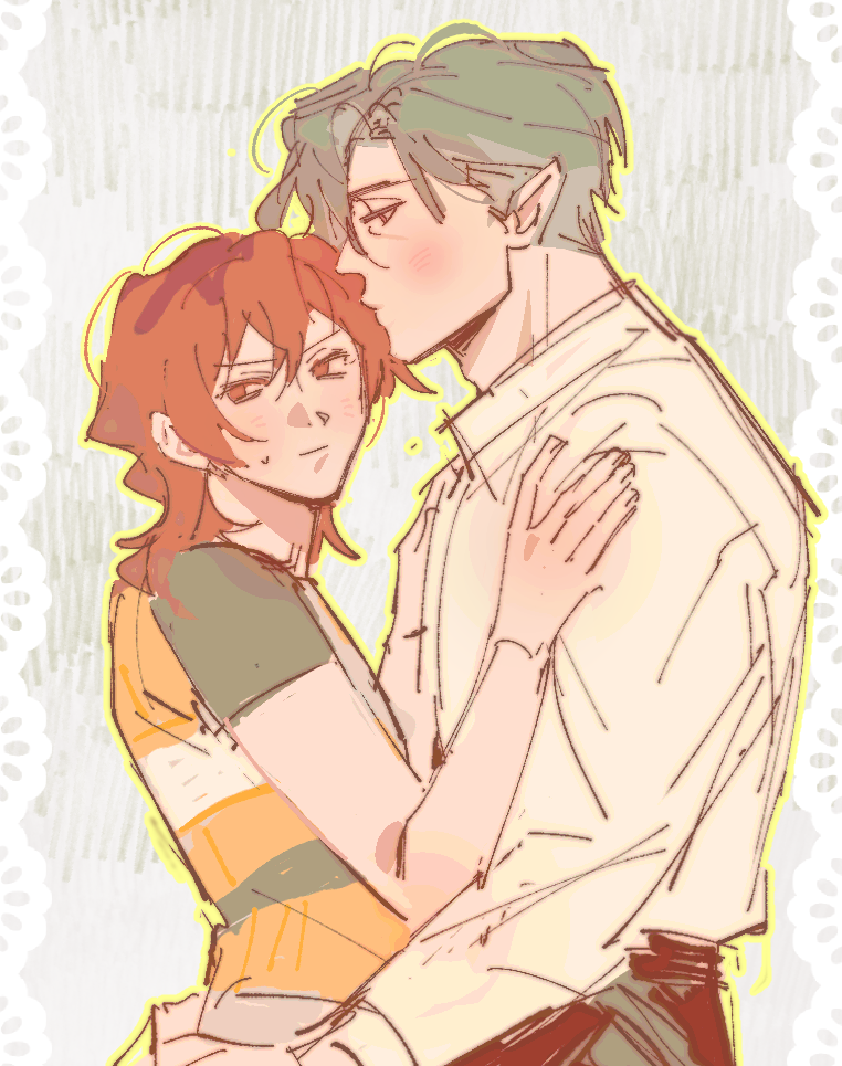 1boy, 1girl, adam's_apple, alternate_design, averting_eyes, blush, border, brown_eyes