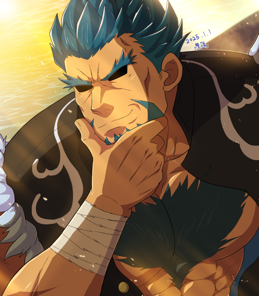 1boy, abs, arm_wrap, bara, beard, black_eyes, blue_hair, bucchigiri?!