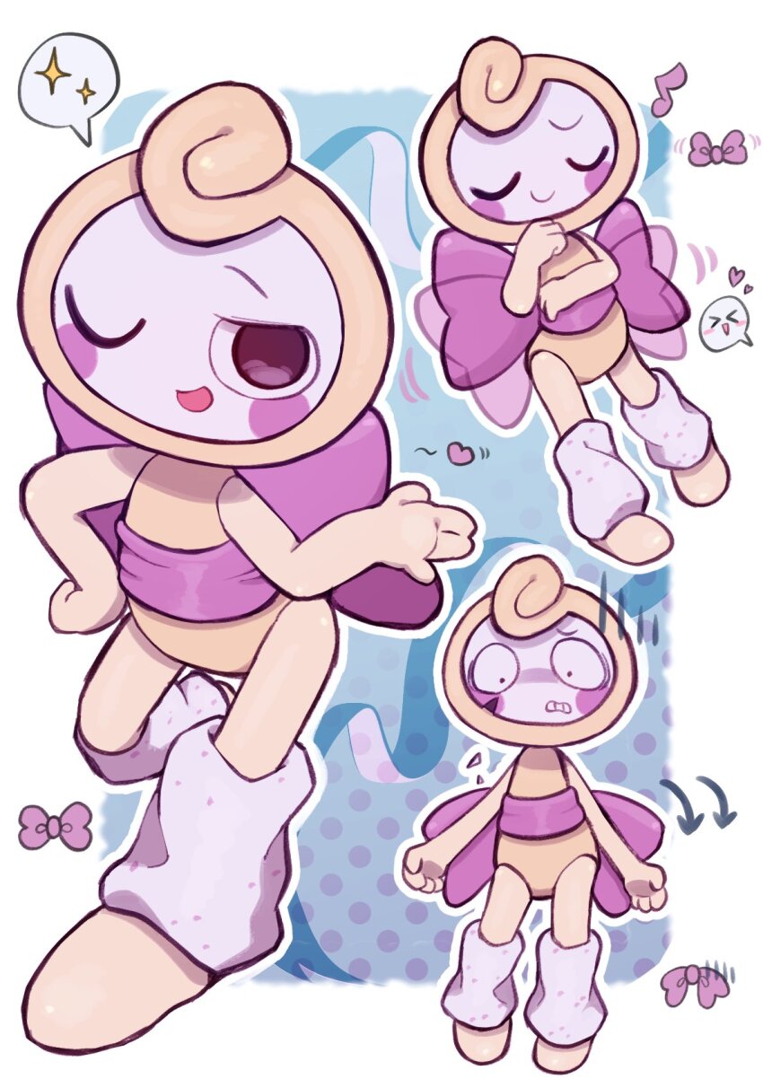 1boy, black_eyes, blush, blush_stickers, bow, chibi, chibi_only, colored_skin, dandy's_world, glisten_(dandy's_world), heart, highres, k2s2kv, leg_warmers, mirror, multiple_expressions, musical_note, object_head, pink_bow, roblox, solo, solo_focus, sparkle, waist_bow, white_leg_warmers