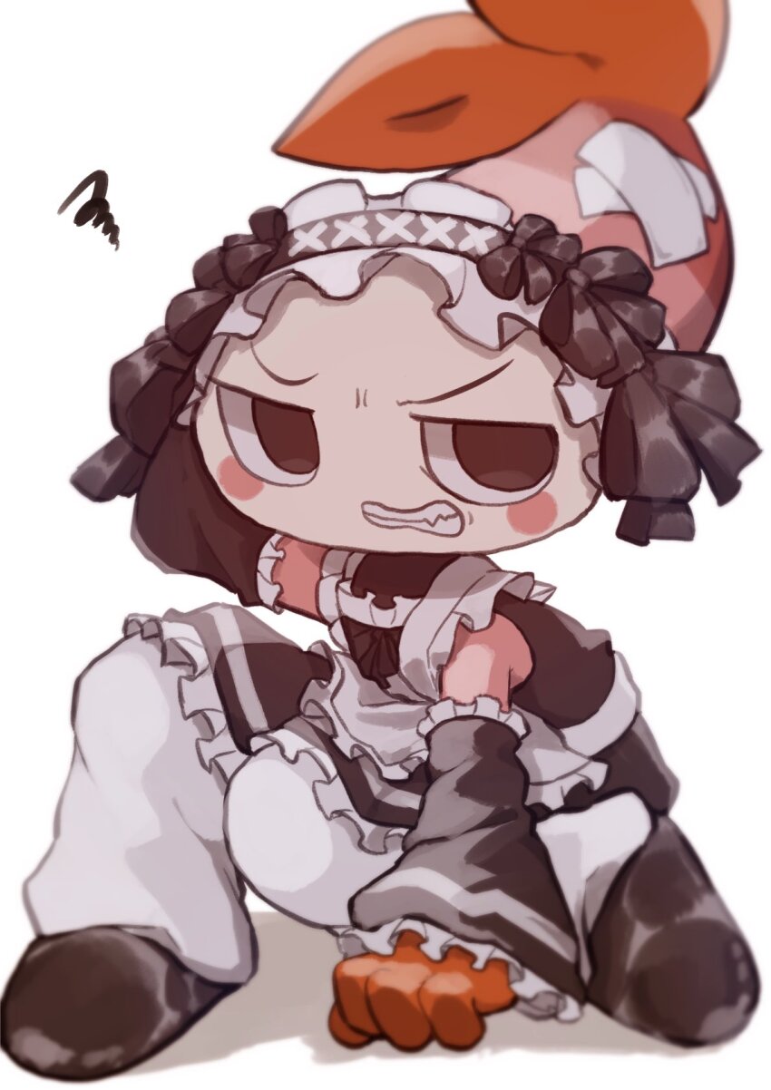 1boy, angry, apron, black_dress, black_eyes, black_shoes, blush, blush_stickers