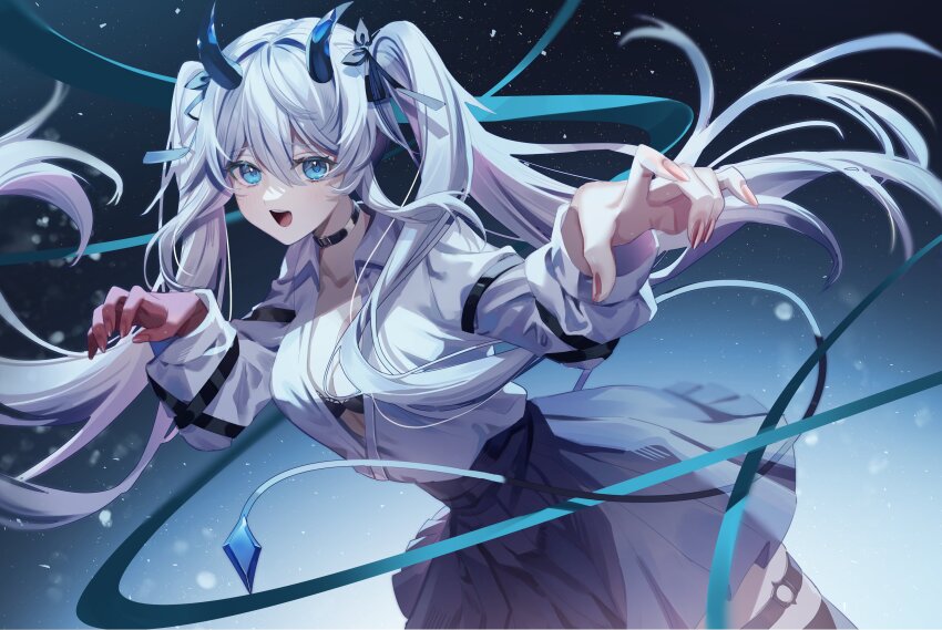 1girl, absurdres, ayase_444, belt_collar, black_bra, black_collar, black_ribbon, black_skirt