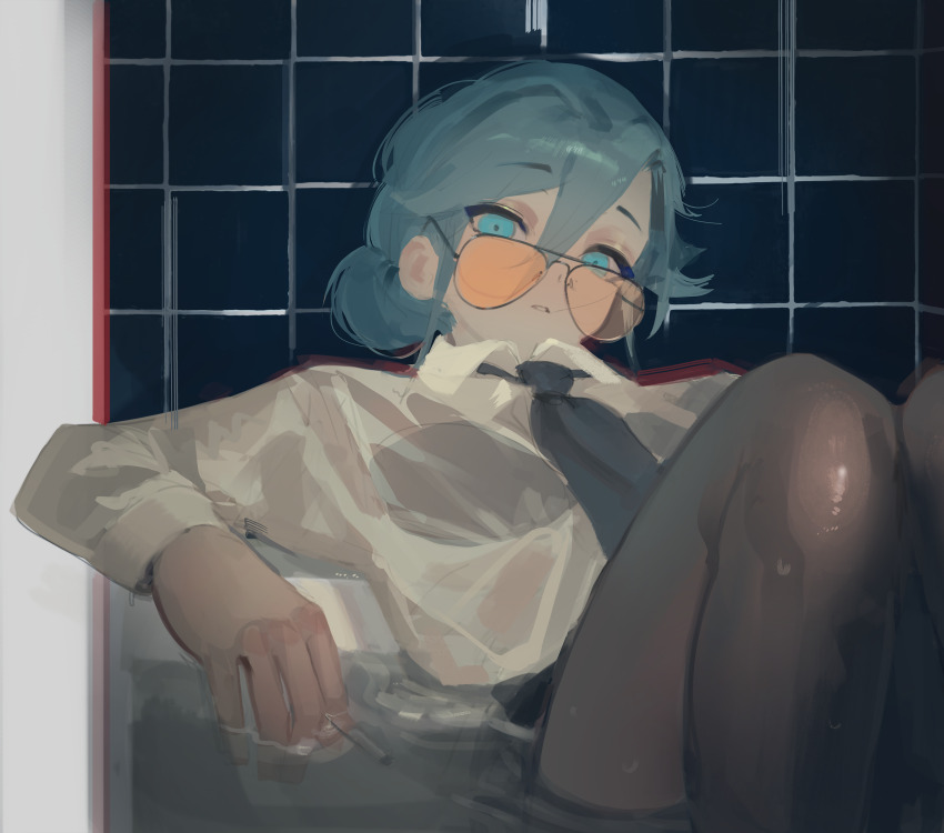 1girl, absurdres, bathtub, black_bra, black_pantyhose, blue_eyes, blue_hair, bra, cigarette, commentary, dress_shirt, english_commentary, formal_clothes, hair_bun, highres, holding, holding_cigarette, long_sleeves, looking_over_eyewear, naomi_kennedy, necktie, open_mouth, orange-tinted_eyewear, pantyhose, partially_submerged, polilla, see-through_clothes, see-through_shirt, shirt, solo, sunglasses, teeth, tile_wall, tiles, tinted_eyewear, underwear, water, we_love_cold_war, wet, wet_clothes, wet_pantyhose, wet_shirt, white_shirt