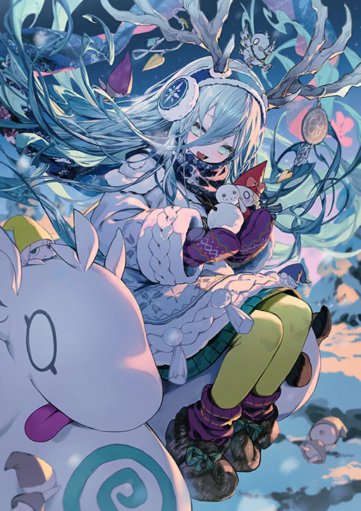 1girl, :d, antler_ornament, antlers, horns_through_headwear, bird, blue_hairband, blue_scarf