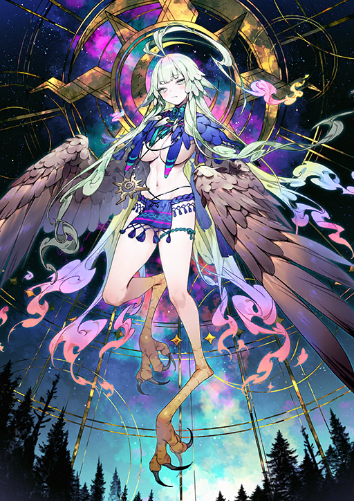 1girl, ahoge, animal_feet, blunt_bangs, blush, breast_curtains, breasts, brown_wings