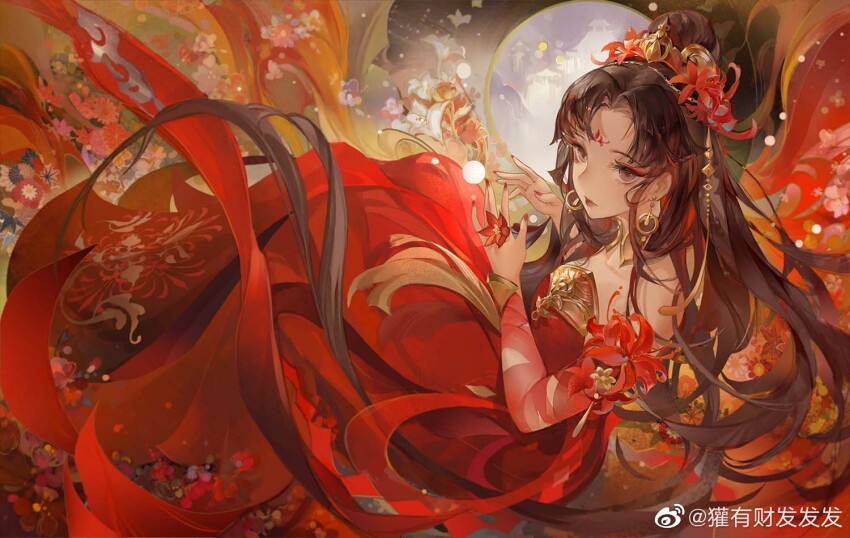 1girl, arm_ribbon, bare_shoulders, black_background, brown_eyes, brown_hair, character_request, chinese_clothes