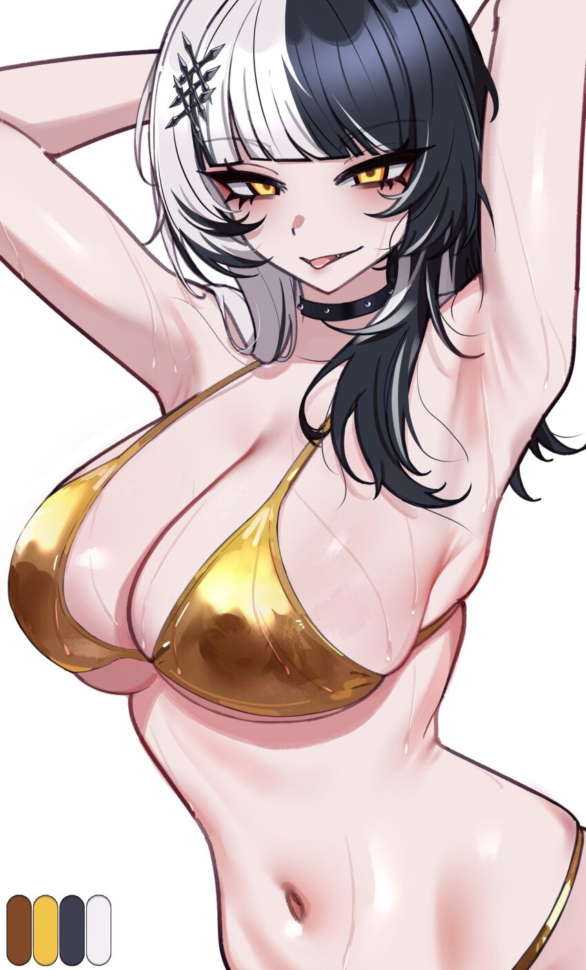 1girl, alternate_costume, armpits, arms_behind_head, arms_up, bikini, black_choker, black_hair