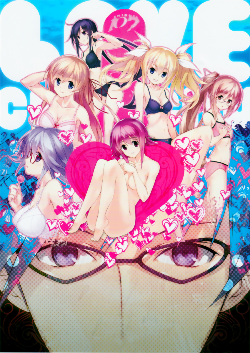 1boy, 6+girls, absurdres, ahoge, arimura_hinae, black_bra, black_hair, black_ribbon