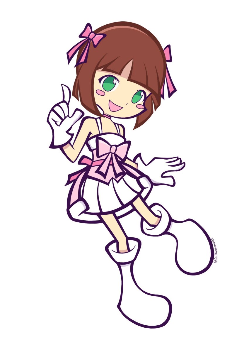 1girl, amami_haruka, blush, boots, bow, brown_hair, commentary, cute_&amp;_girly_(idolmaster), dr_awesome, dress, dress_bow, english_commentary, full_body, gloves, green_eyes, hair_bow, hand_up, highres, idolmaster, idolmaster_(classic), idolmaster_1, index_finger_raised, looking_at_viewer, open_mouth, parody, pink_bow, pink_dress, puyopuyo, short_hair, simple_background, smile, snow_strawberry_(idolmaster), solo, style_parody, twitter_username, white_background, white_boots, white_gloves