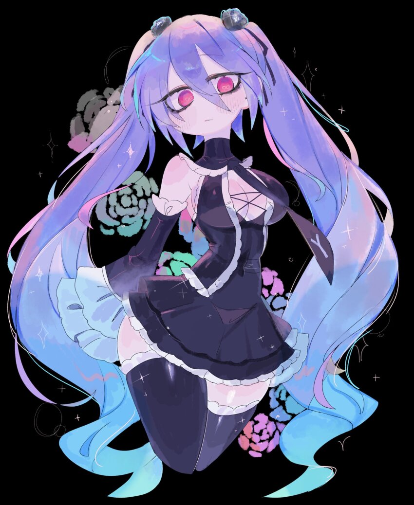 1girl, aqua_flower, aqua_rose, arms_at_sides, bare_shoulders, black_background, black_dress, black_flower, black_necktie, black_ribbon, black_rose, black_sleeves, black_thighhighs, blue_hair, blush, breasts, bright_pupils, cleavage, closed_mouth, commentary, covered_navel, cropped_legs, detached_sleeves, double-parted_bangs, downturned_eyes, dress, english_commentary, eyelashes, floral_background, flower, frilled_sleeves, frilled_thighhighs, frills, from_below, frown, gradient_hair, green_flower, green_rose, grey_flower, grey_rose, hair_between_eyes, hair_flower, hair_ornament, hair_ribbon, hatsune_miku, hatsune_miku_(infinity), highres, large_breasts, long_hair, long_sleeves, looking_at_viewer, multicolored_hair, necktie, petticoat, pink_flower, pink_rose, project_diva_(series), purple_hair, red_eyes, ribbon, rose, short_dress, simple_background, single_eyebrow, solo, sparkle, symbol-shaped_pupils, thighhighs, turning_head, twintails, two-tone_hair, usa37107692, very_long_hair, vocaloid, wavy_hair, wide_hips, wide_sleeves, zettai_ryouiki