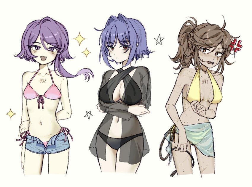 3girls, :3, :d, ahoge, aida_(aidacamelia0516), alice_(murder_drones), anger_vein, arm_at_side, arm_behind_back, arms_under_breasts, bare_arms, bare_shoulders, bikini, black_bikini, black_jacket, blue_hair, blue_sarong, breasts, breasts_apart, brown_hair, chest_tattoo, cleavage, closed_mouth, commentary, cropped_legs, dark-skinned_female, dark_skin, denim, denim_shorts, dot_mouth, english_commentary, expressionless, fang, front-tie_bikini_top, front-tie_top, hair_between_eyes, hair_intakes, high_ponytail, humanization, jacket, large_breasts, long_sleeves, looking_at_viewer, low-tied_sidelocks, medium_hair, multiple_girls, murder_drones, navel, nori_(murder_drones), number_tattoo, open_clothes, open_fly, open_jacket, open_mouth, orange_eyes, pink_bikini, ponytail, purple_eyes, purple_hair, sarong, see-through_clothes, see-through_jacket, see-through_sarong, short_hair, shorts, side-tie_bikini_bottom, sidelocks, single_sidelock, skin_fang, skinny, sling_bikini_top, small_breasts, smile, sparkle, standing, star_(symbol), stomach, sweat, swept_bangs, swimsuit, tail, tattoo, v-shaped_eyebrows, yellow_bikini, yeva_(murder_drones)