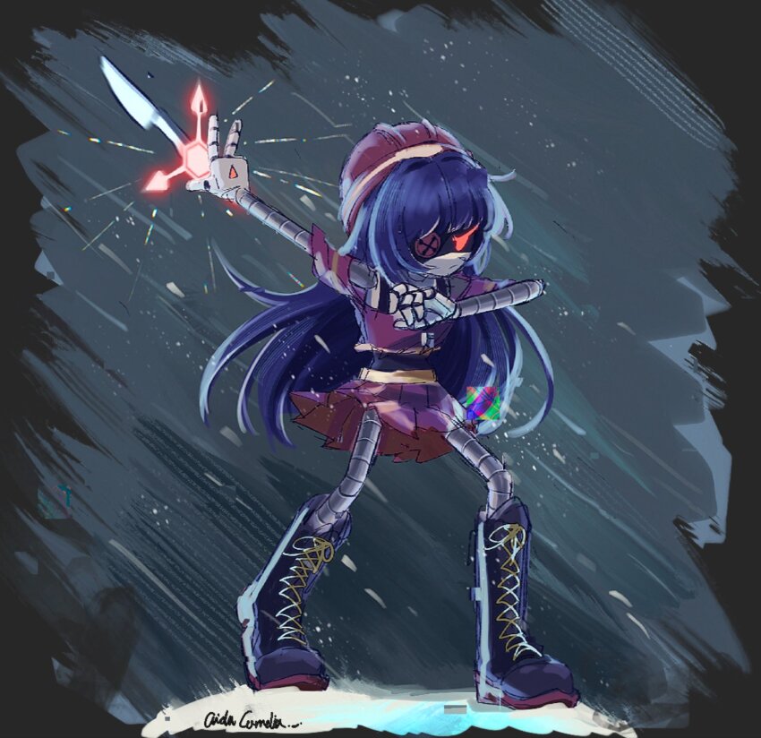 1girl, absolute_solver_(murder_drones), aida_(aidacamelia0516), android, artist_name, backlighting, black_boots, black_border, black_tank_top, boots, border, button_eyes, buttons, closed_mouth, commentary, crop_top, cropped_shirt, doll_(murder_drones), english_commentary, fewer_digits, frown, full_body, glowing, glowing_eye, grey_background, hat, highres, knee_boots, lace-up_boots, long_hair, looking_ahead, mechanical_arms, mechanical_hands, mechanical_legs, miniskirt, murder_drones, off-shoulder_shirt, off_shoulder, outstretched_arm, pleated_skirt, purple_hair, red_eyes, red_hat, red_shirt, red_skirt, shirt, simple_background, skirt, solo, standing, swept_bangs, tank_top, very_long_hair, w