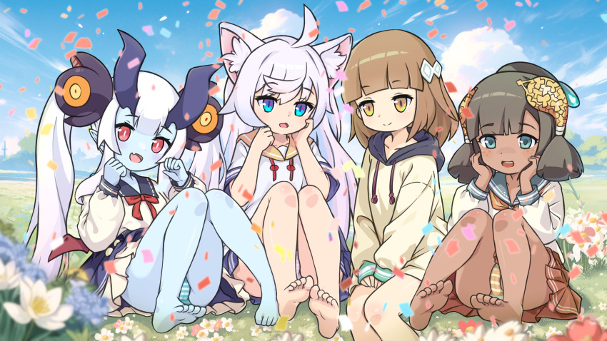 4girls, ahoge, animal_ears, arum_(world_flipper), barefoot, black_hair, blue_eyes, blue_skin