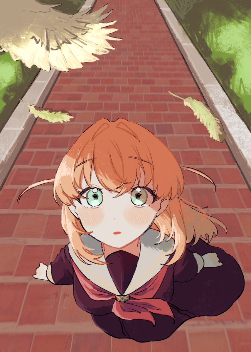 1girl, animal_ears, bird, blush, breasts, brick_road, brown_dress, commentary_request