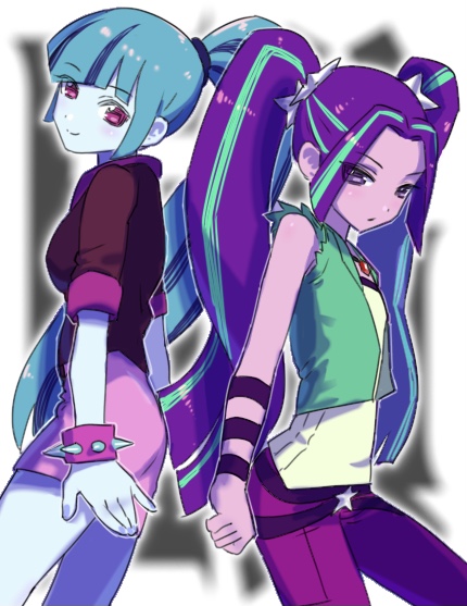 2girls, aria_blaze, aria_blaze_(human), arms_at_sides, back-to-back, bare_shoulders, black_background, blue_hair
