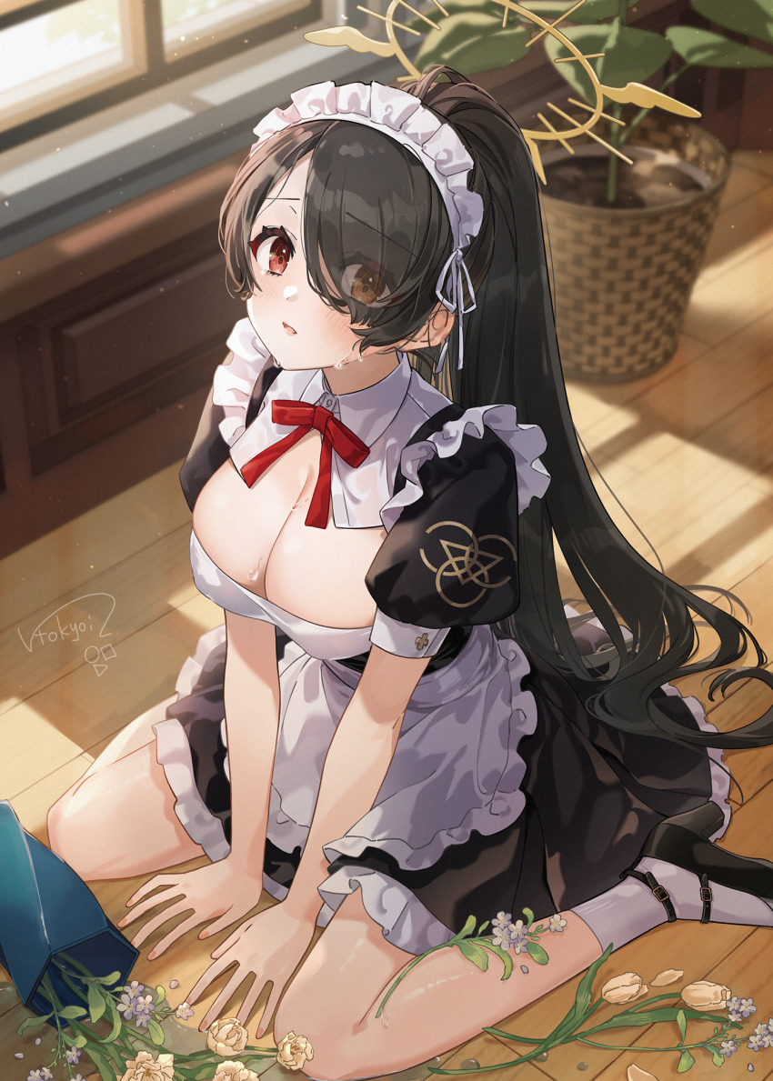 1girl, :o, alternate_costume, apron, bare_legs, black_dress, black_hair, black_shoes, blue_archive, blush, breasts, cleavage, commentary_request, dress, enmaided, eyes_visible_through_hair, frilled_apron, frills, hair_over_one_eye, halo, highres, hinata_(blue_archive), indoors, large_breasts, long_hair, looking_at_viewer, maid, maid_apron, maid_headdress, nakamuraryou, neck_ribbon, plant, ponytail, potted_plant, red_eyes, red_ribbon, ribbon, shoes, signature, sitting, socks, solo, tears, very_long_hair, wariza, white_apron, white_socks, wooden_floor