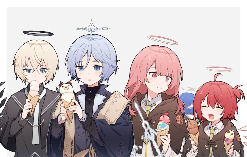 2boys, 3girls, ^_^, ahoge, andoain_(arknights), andoain_(young)_(arknights), arknights, black_halo