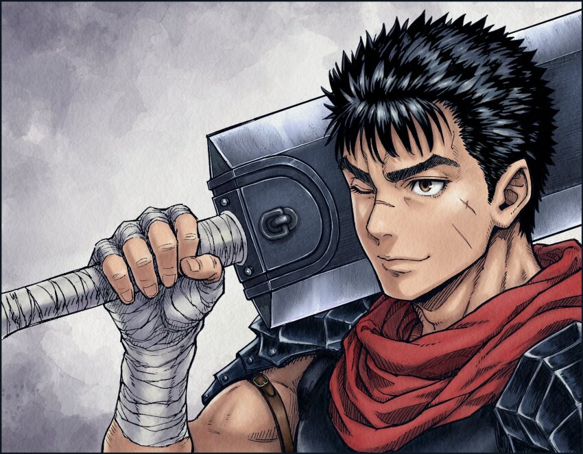1boy, bandaged_hand, bandages, berserk, black_hair, brown_eyes, closed_mouth, commentary_request
