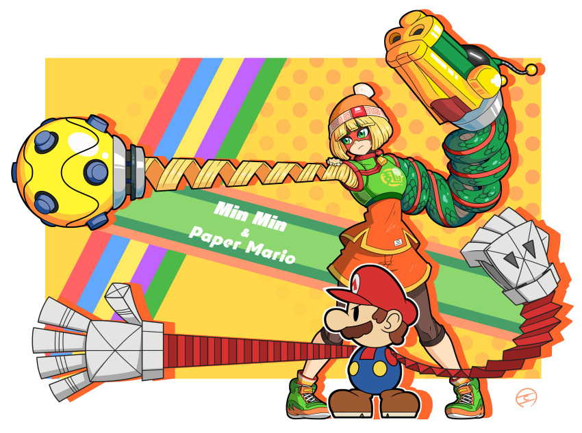 1boy, 1girl, @_@, absurdres, arms_(game), beanie, blonde_hair, bob_cut, brown_hair, brown_shoes, clochan_(dongin1228), crossover, dragon_(arms), extendable_limbs, eye_mask, facial_hair, green_eyes, green_shoes, hat, highres, leggings_under_shorts, mario, mario_(series), mask, megawatt_(arms), min_min_(arms), mustache, nintendo, orange_shirt, orange_shorts, outside_border, paper_mario, paper_mario:_the_origami_king, paper_mario_(character), red_hat, shirt, shoes, short_hair, shorts