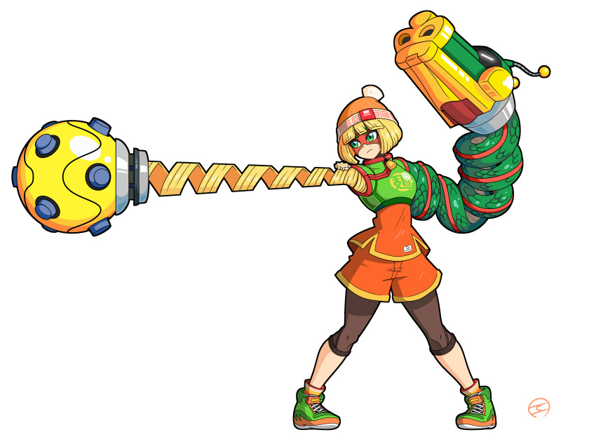 1girl, absurdres, arms_(game), beanie, blonde_hair, blunt_bangs, bob_cut, clochan_(dongin1228), dragon_(arms), extendable_limbs, eye_mask, green_eyes, green_shoes, hat, highres, leggings_under_shorts, mask, megawatt_(arms), min_min_(arms), orange_shirt, orange_shorts, shirt, shoes, short_hair, shorts, solo, transparent_background