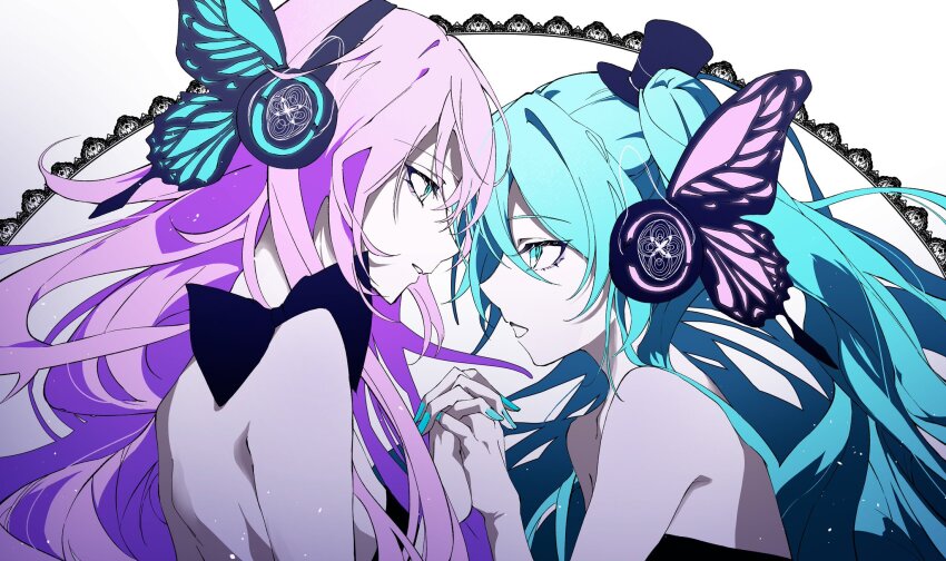 2girls, aqua_eyes, aqua_hair, aqua_nails, bare_shoulders, eye_contact, from_side, hat, hatsune_miku, highres, hp_001, long_hair, looking_at_another, magnet_(vocaloid), megurine_luka, mini_hat, multiple_girls, open_mouth, pink_hair, twintails, vocaloid, white_background, yuri
