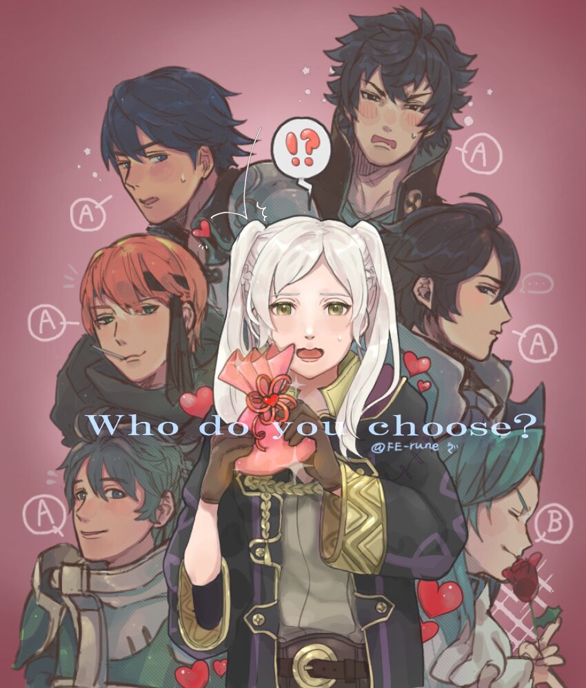 !?, 1girl, 6+boys, aqua_hair, artist_name, belt, black_hair, black_headband