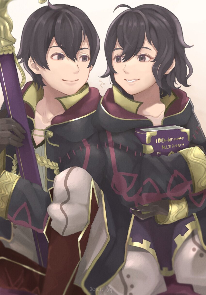 1boy, 1girl, ahoge, black_eyes, black_gloves, black_hair, black_robe, book